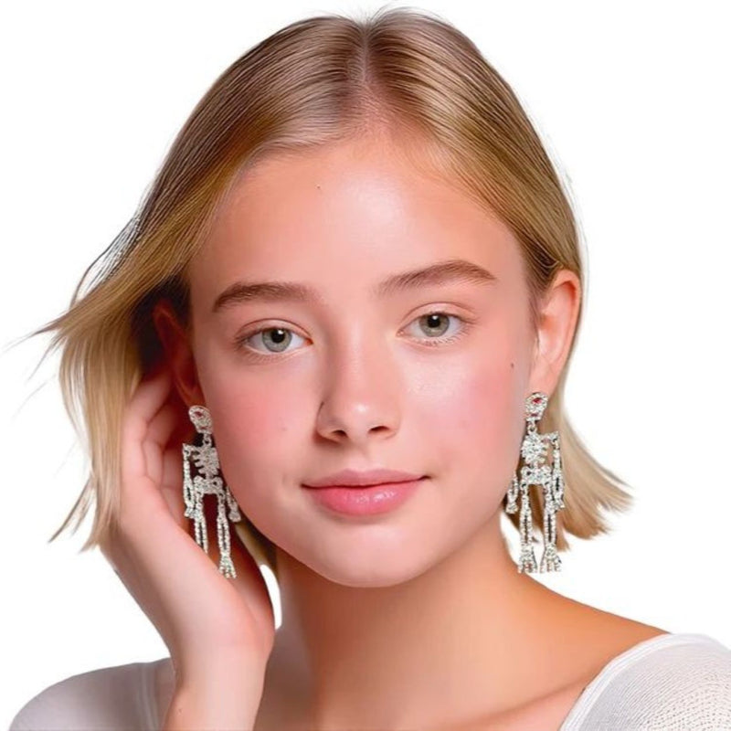 Skelett Ohrringe mit Glitzersteinen | Silber 5 cm