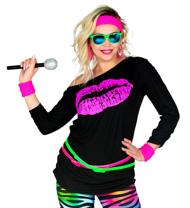 80er Jahre Shirt "Kiss" für Damen | Schwarz Pink