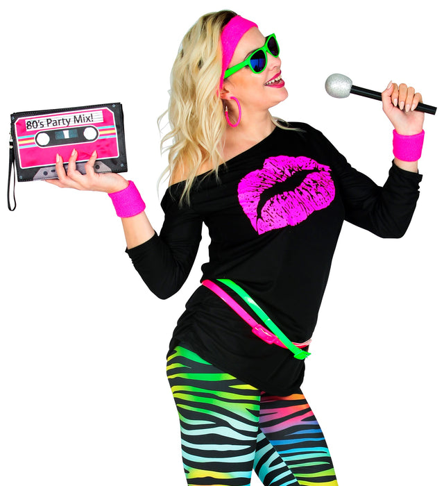 80er Jahre Shirt "Kiss" für Damen | Schwarz Pink
