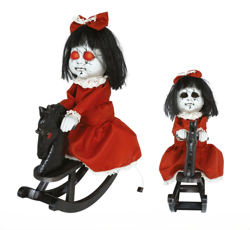 Halloween Figur "Horrorpuppe mit Schaukelpferd" | Animatronic 40cm