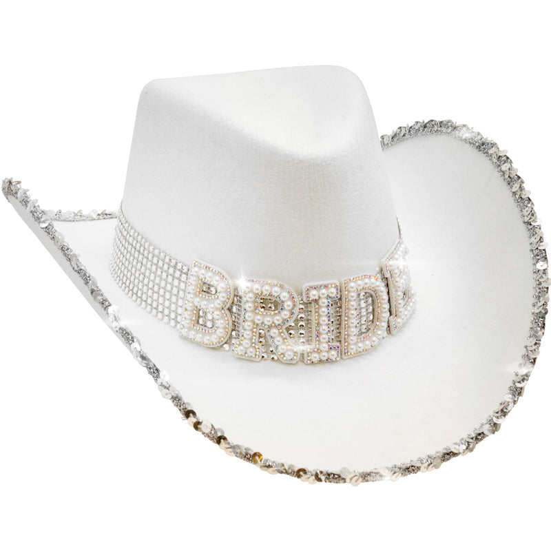 Braut Strass Cowboyhut "BRIDE" mit Perlendeko | Weiß