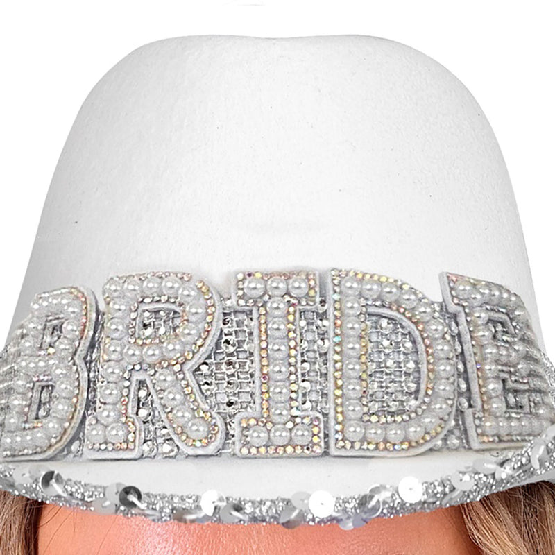 Braut Strass Cowboyhut "BRIDE" mit Perlendeko | Weiß