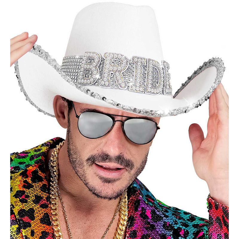 Braut Strass Cowboyhut "BRIDE" mit Perlendeko | Weiß