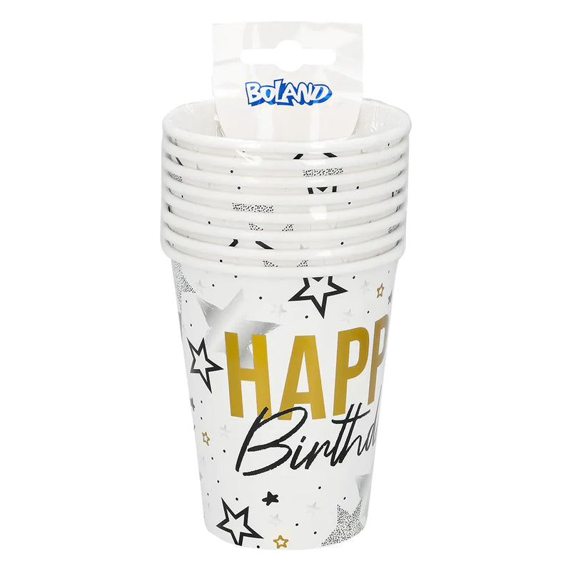 "Happy Birthday" Gold Schwarz | 8 Pappbecher 250 ml