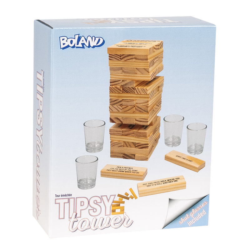 Trinkspiel "Drinking tower" - 4 Glas-Schnapsgläser 54 Holzklötze