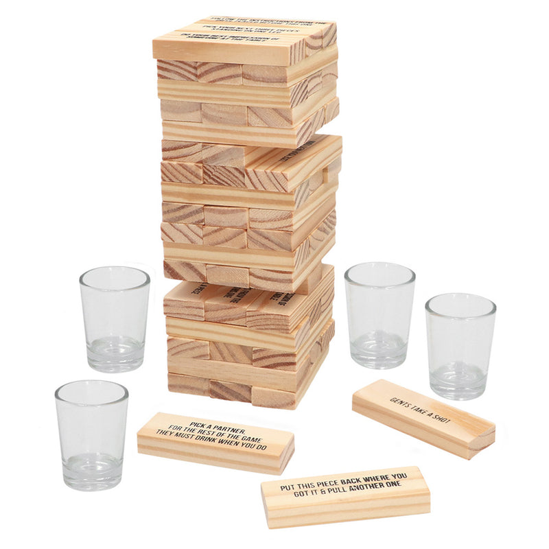 Trinkspiel "Drinking tower" - 4 Glas-Schnapsgläser 54 Holzklötze