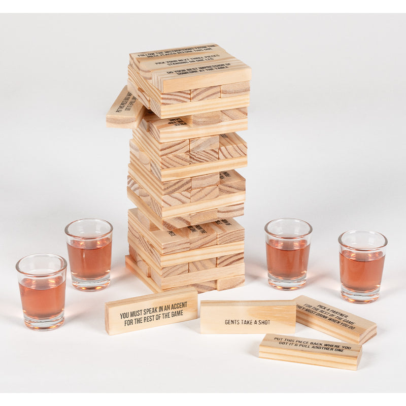Trinkspiel "Drinking tower" - 4 Glas-Schnapsgläser 54 Holzklötze