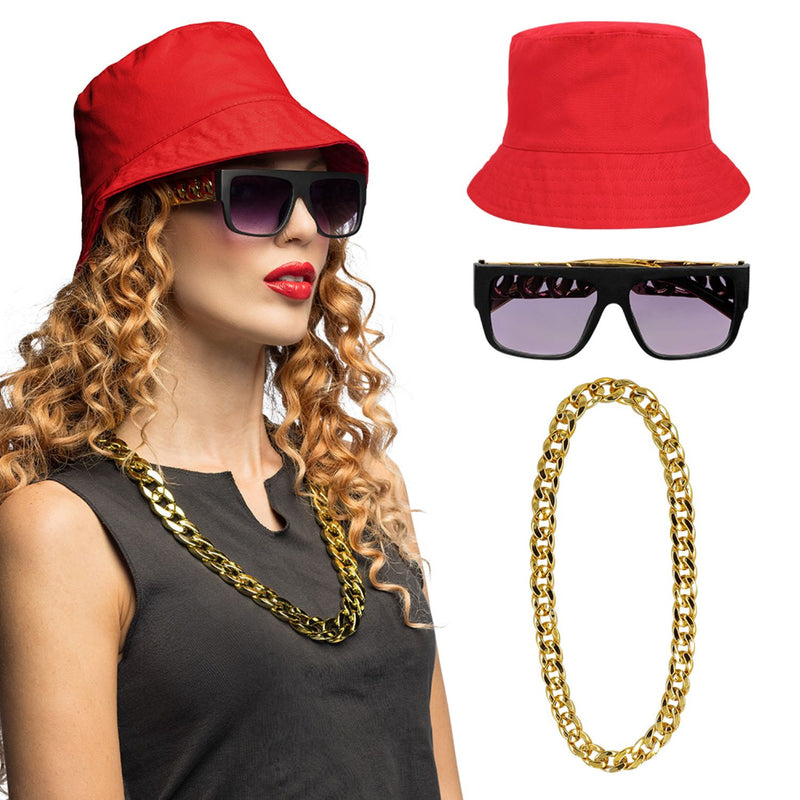 Kostüm-Set "90`s Hip Hop" 3-tlg. | Rot - Kette Brille Hut