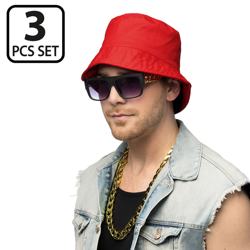 Kostüm-Set "90`s Hip Hop" 3-tlg. | Rot - Kette Brille Hut
