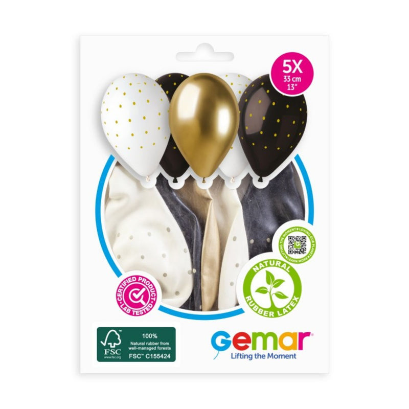 Latexballon 33 cm Chic Dots Weiß Schwarz Gold | 5 Stück