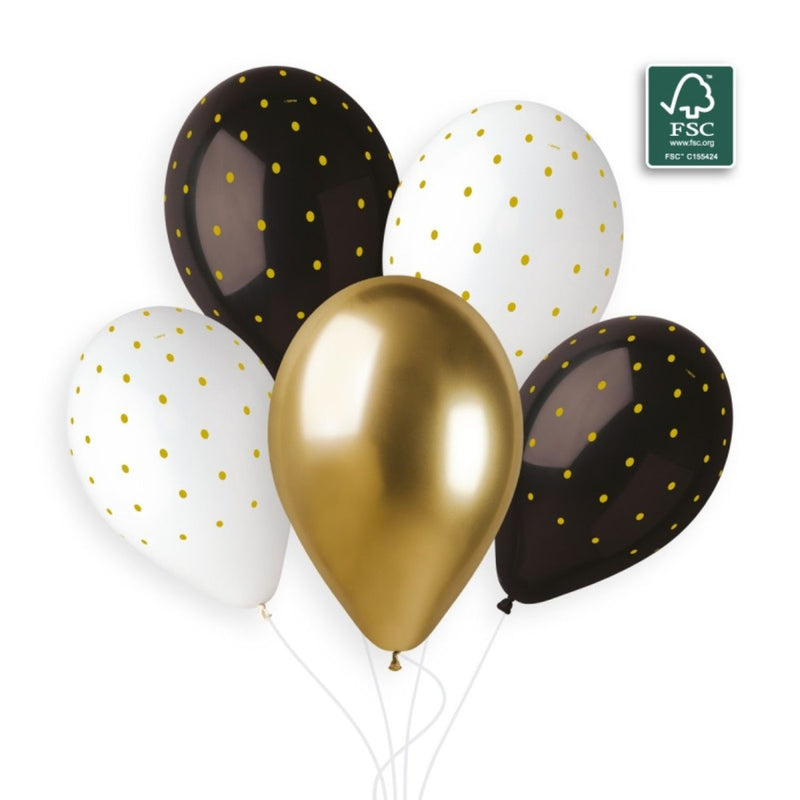 Latexballon 33 cm Chic Dots Weiß Schwarz Gold | 5 Stück