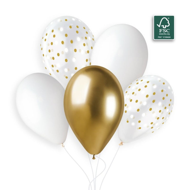 Latexballon 33 cm Golden Dots Weiß Gold | 5 Stück