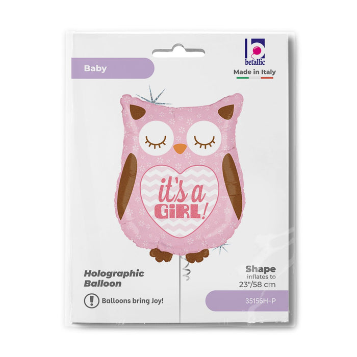 Shape Folienballon Eule "It`s a Girl!" Holografisch | 66 cm