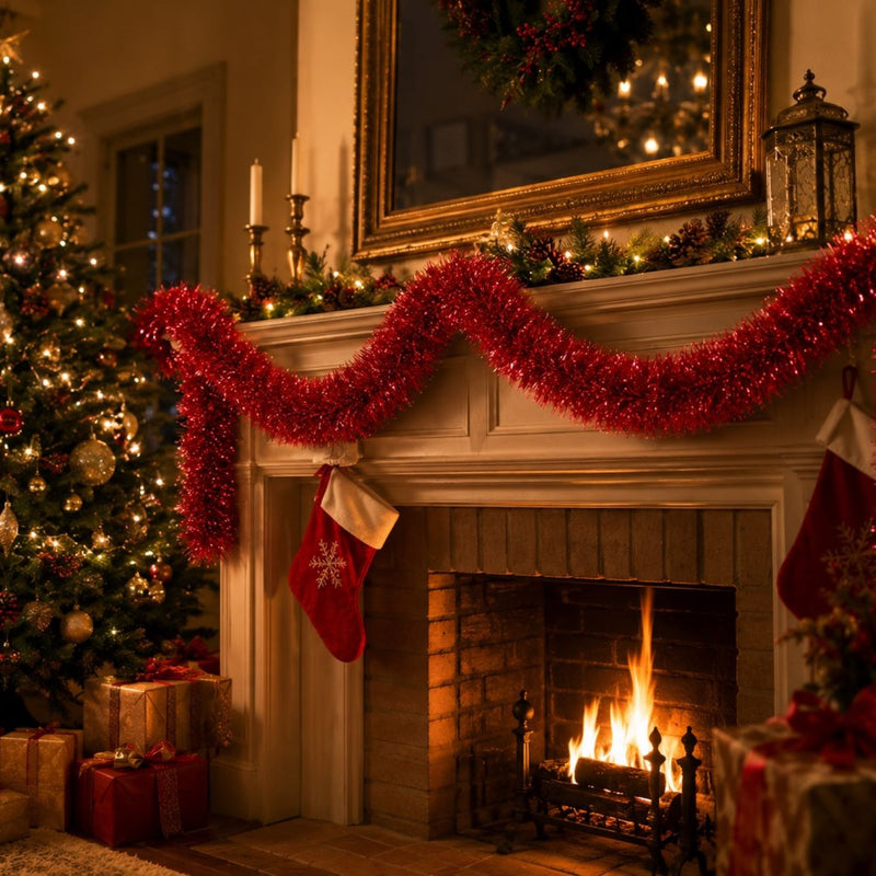 Weihnachtsdekoration Girlande Lametta mit Sternen Weihnachtsbaum Tannenbaum 4m | Rot