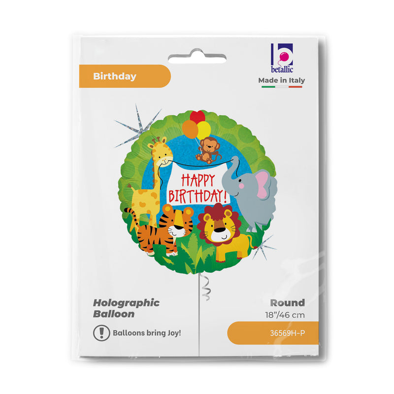 18"/Ø46cm Folienballon "Happy Birthday" Dschungel Holo/Glitter