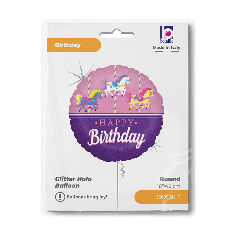 18"/Ø46cm Folienballon "Happy Birthday" Karussellpferdchen Holo