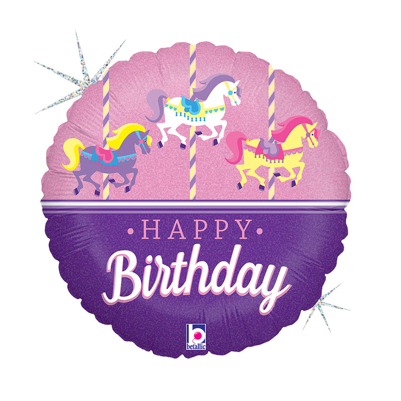 18"/Ø46cm Folienballon "Happy Birthday" Karussellpferdchen Holo