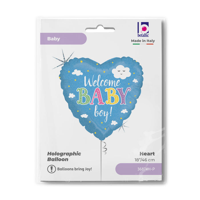 ABC18 Herz Folienballon "Baby Welcome Boy" Holo/Glitter | Ø 46 cm