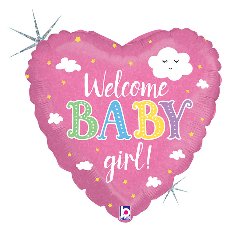ABC18 Herz Folienballon "Baby Welcome Girl" Holo/Glitter | Ø 46 cm Babyparty Dekoration für Mädchen