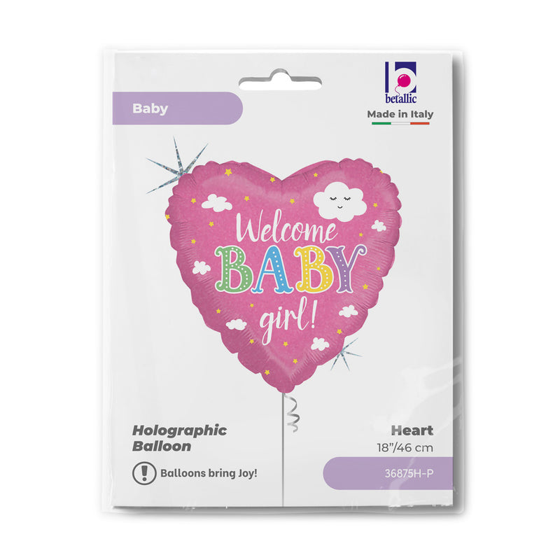ABC18 Herz Folienballon "Baby Welcome Girl" Holo/Glitter | Ø 46 cm Babyparty Dekoration für Mädchen