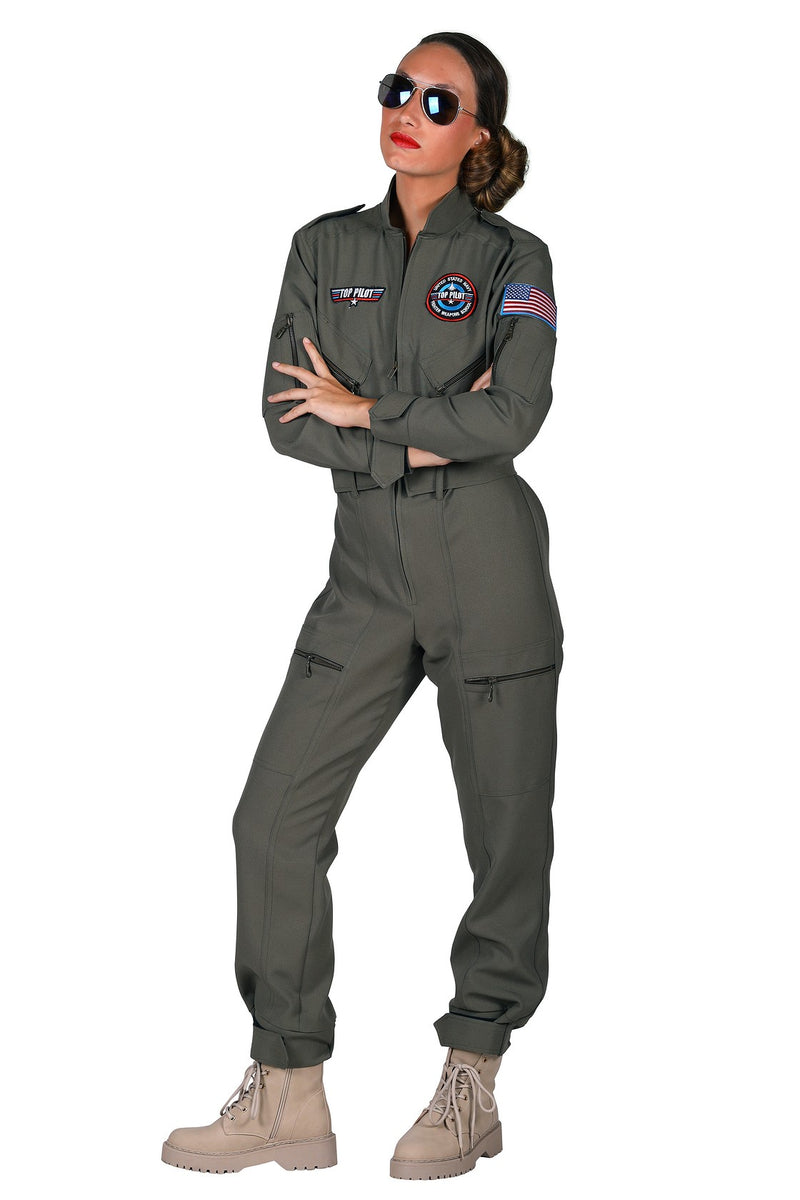 Kampfjet Kostüm "Top Pilot" für Damen | Grün - Flieger Overall