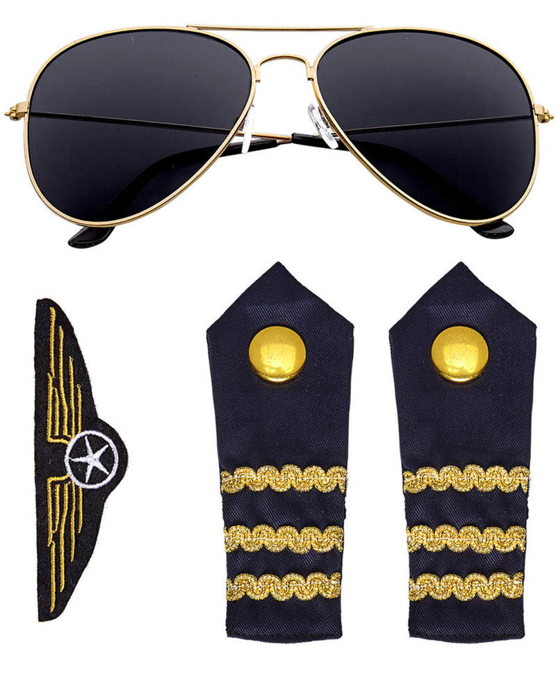 Kostüm-Set "Pilot" 4-tlg. Blau - 414046 | Brille Abzeichen Schulterklappen