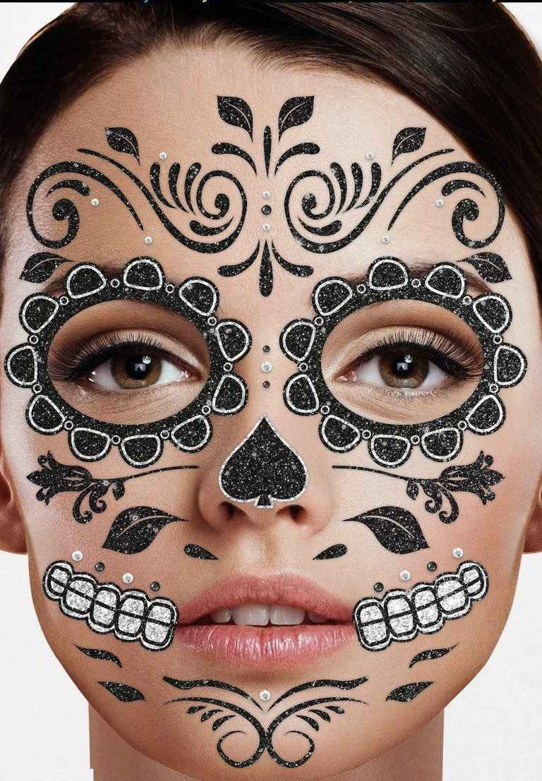 Halloween Gesichts-Tattoo "Skelett" | Schwarz Glitzer