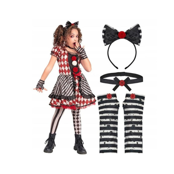 Kostüm "Harlekin Puppe" für Mädchen | Kleid, Haarreif mit Schleife, Halsband und Handschuhe