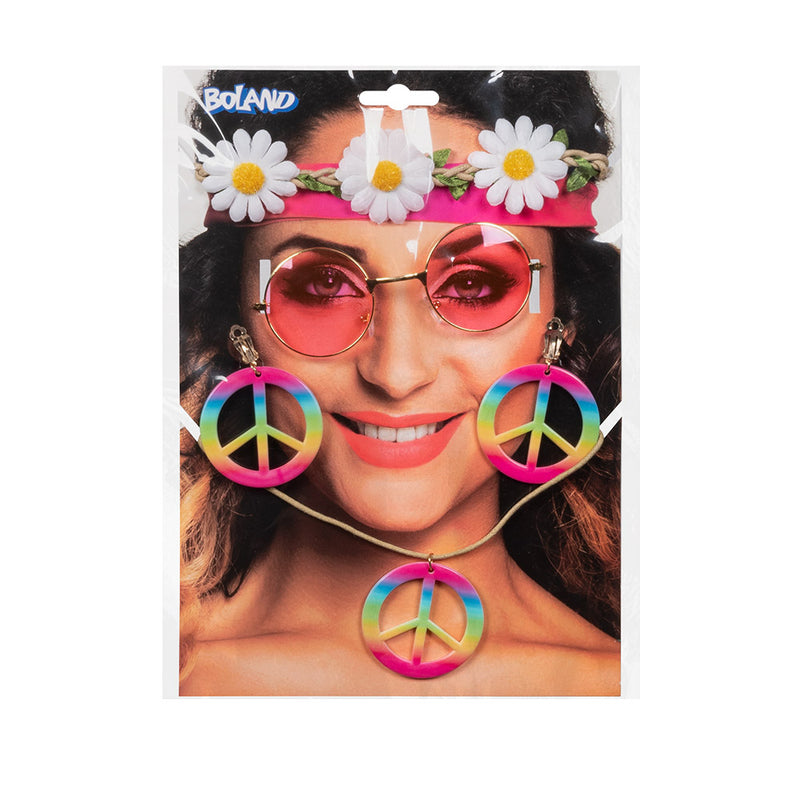 Hippie Kostüm-Set | Flower-Power Accessoires mit Blumen-Stirnband, Lennon-Brille, Peace-Kette & Ohrringen