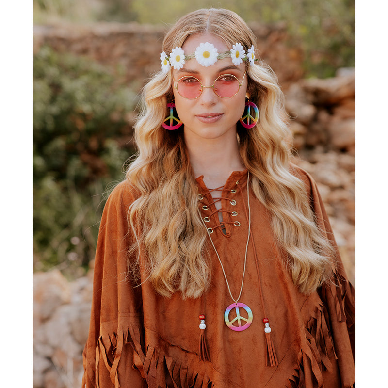 Hippie Kostüm-Set | Flower-Power Accessoires mit Blumen-Stirnband, Lennon-Brille, Peace-Kette & Ohrringen