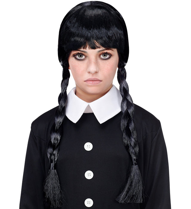 Dark Girl Kinder Perücke Wednesday mit Zöpfen und Pony 4691| Schwarz