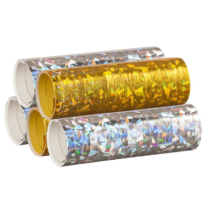 Luftschlangen "Holografisch" 4m / 5 Rollen Gold/Silber
