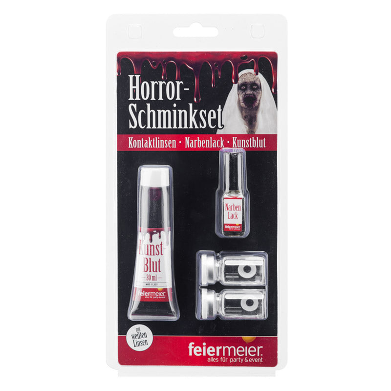 Make-up Set Horror Narbenfluid+Blut+Linsen weiß FM