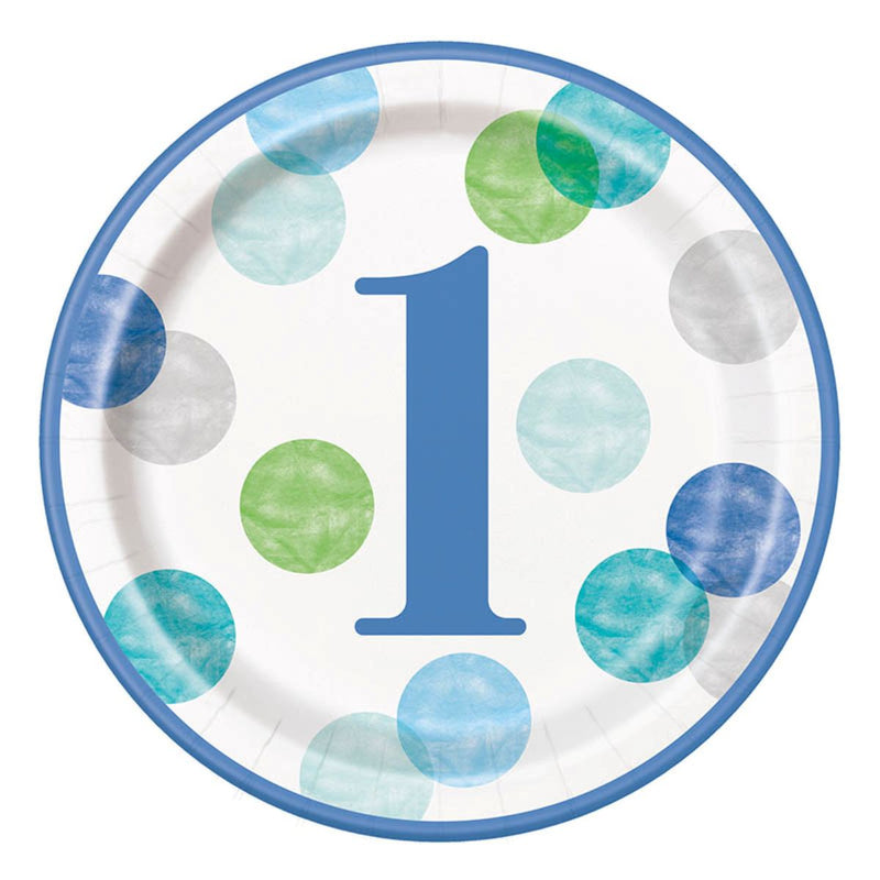 Pappteller "Dots Blau 1st Birthday" | Ø23cm/8Stk.