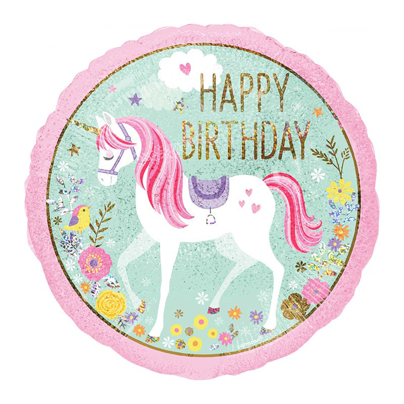 18"/Ø45cm Folienballon "Happy Birthday" Einhorn Holo