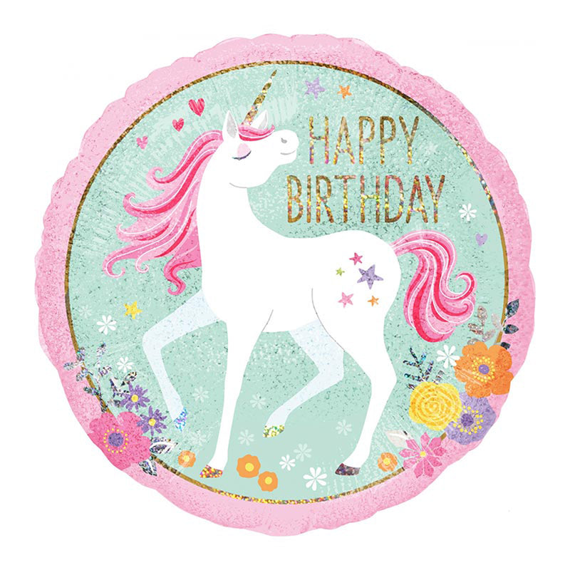 ABC18 Folienballon "Happy Birthday" Einhorn Holo S55 | Ø 45 cm