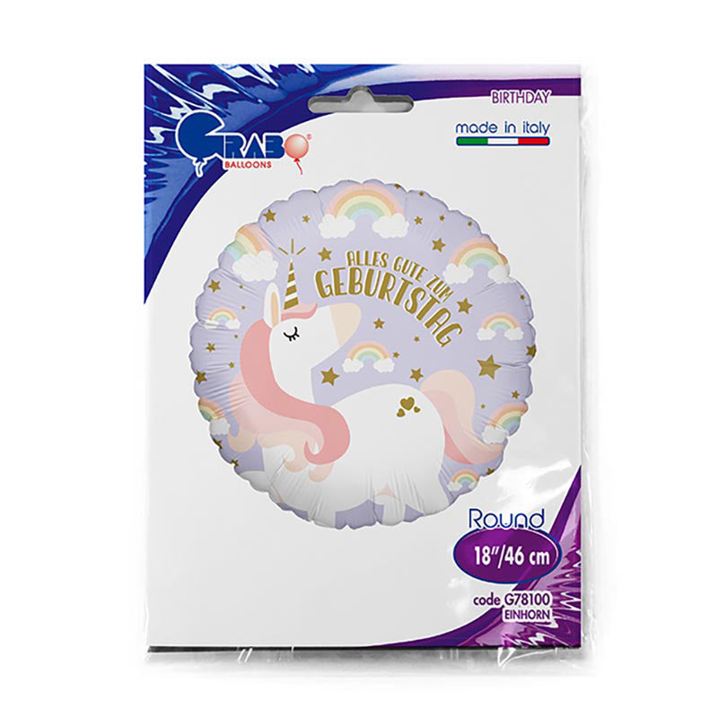 18"/Ø46cm Folienballon "Alles Gute zum Geburtstag Einhorn"