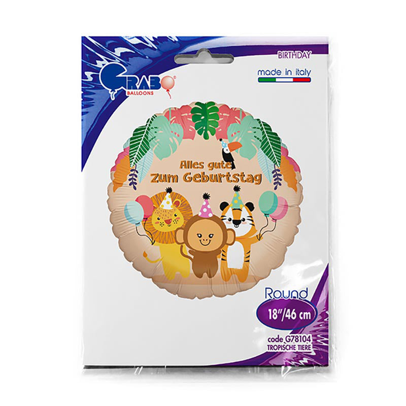 18"/Ø46cm Folienballon "Alles Gute zum Geburtstag tropische Tiere"