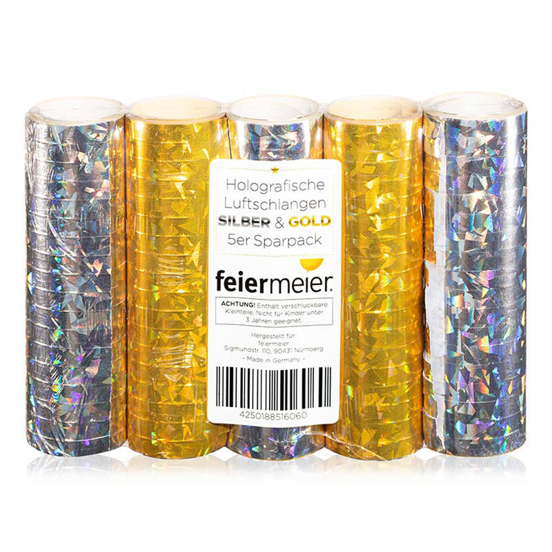 Luftschlangen "Holografisch" 4m / 5 Rollen Gold/Silber