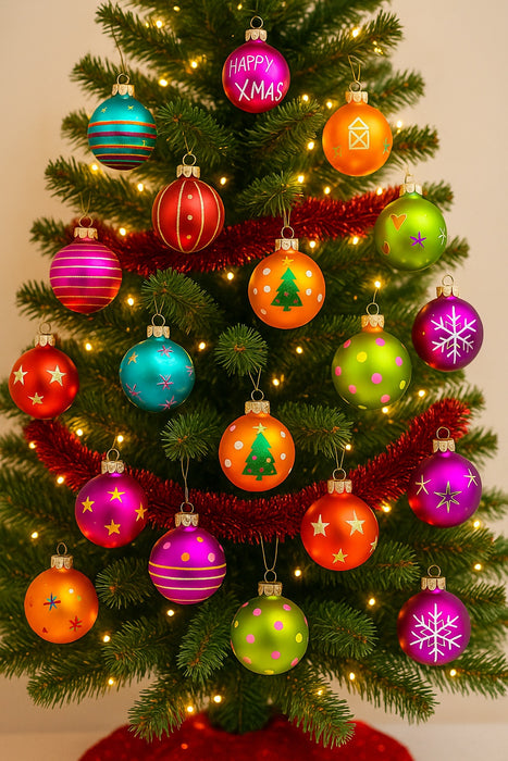 Weihnachtskugeln Happy Xmas | Ø 6 cm | 12 Stück | Glas | Bunte Christbaumkugeln
