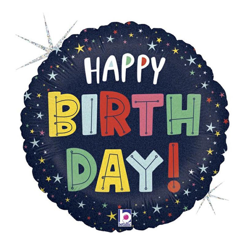 18"/Ø46cm Folienballon "Happy Birthday" Sterne Glitter/Holo