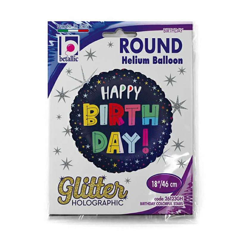 18"/Ø46cm Folienballon "Happy Birthday" Sterne Glitter/Holo