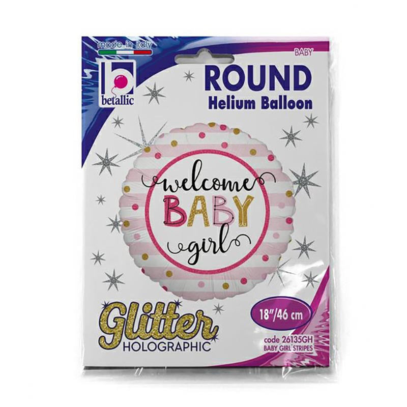 ABC18 Folienballon "Welcome Baby Stripes Holo Girl" | Ø 46 cm
