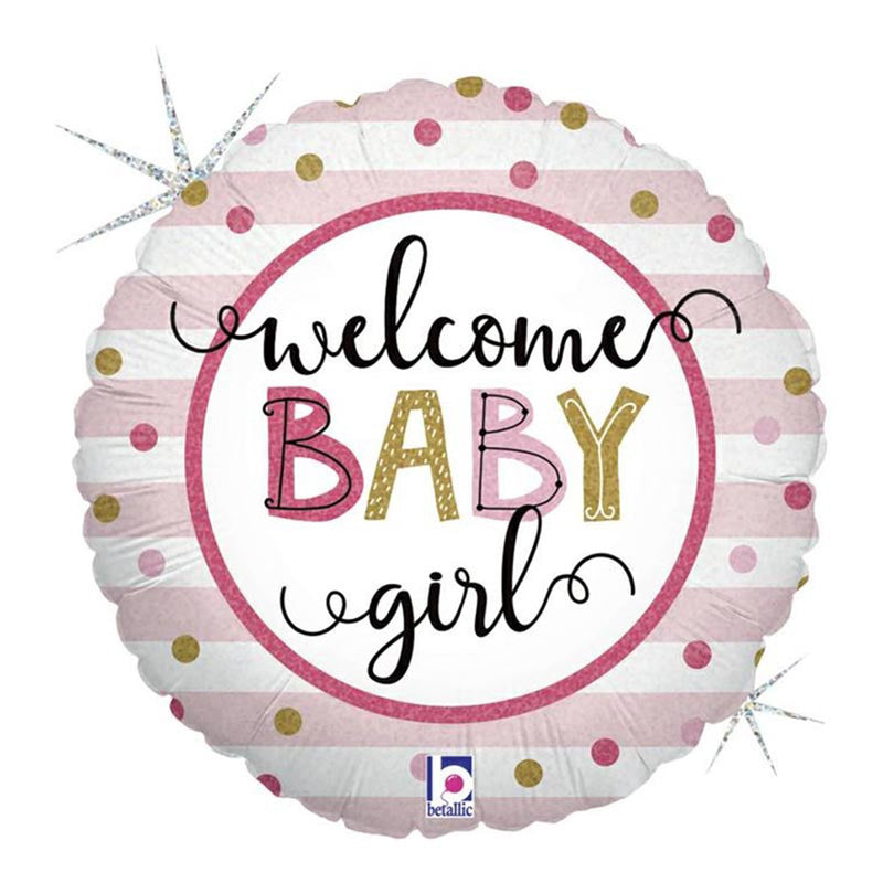 ABC18 Folienballon "Welcome Baby Stripes Holo Girl" | Ø 46 cm