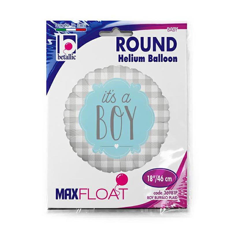 ABC18 Folienballon "It's a Boy Karo" | Ø 46 cm  Babyparty Dekoration für Jungengeburt