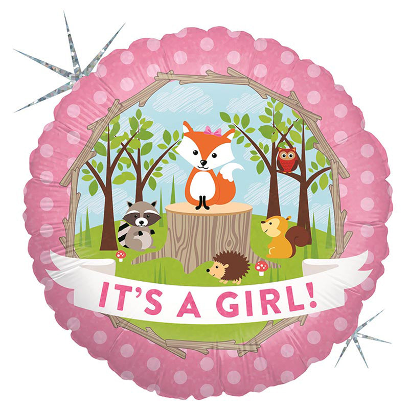 ABC18 Folienballon "It's a Girl Woodland" | Ø 46 cm Babyparty Dekoration für Mädchen