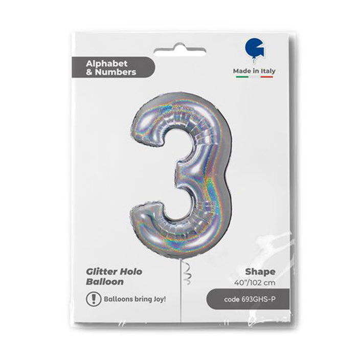 Riesenzahl Folienballon 40"/102cm | Holo Silber #3