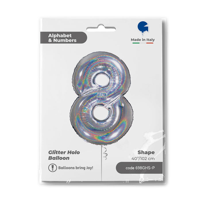 Riesenzahl Folienballon 40"/102cm | Holo Silber #8