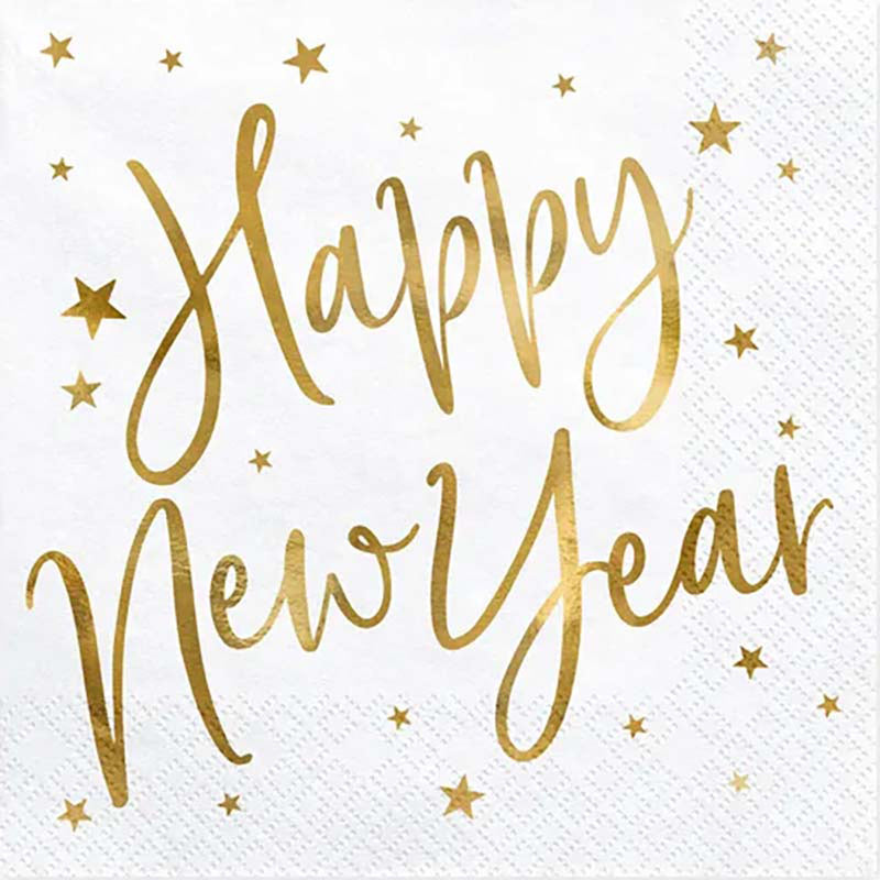 Servietten "Happy New Year" 20Stk/33x33cm | Weiß/Gold
