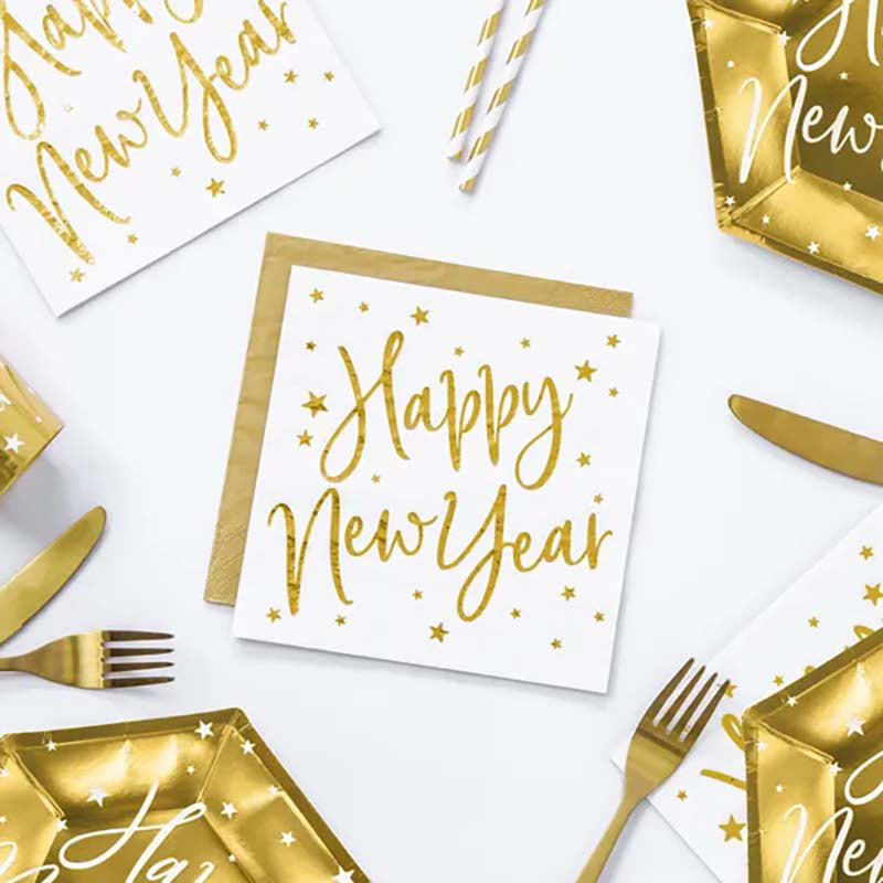 Servietten "Happy New Year" 20Stk/33x33cm | Weiß/Gold